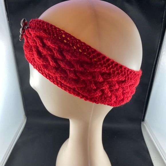 Hand knit red merino wool blend headband and pin - Picture 3 of 6